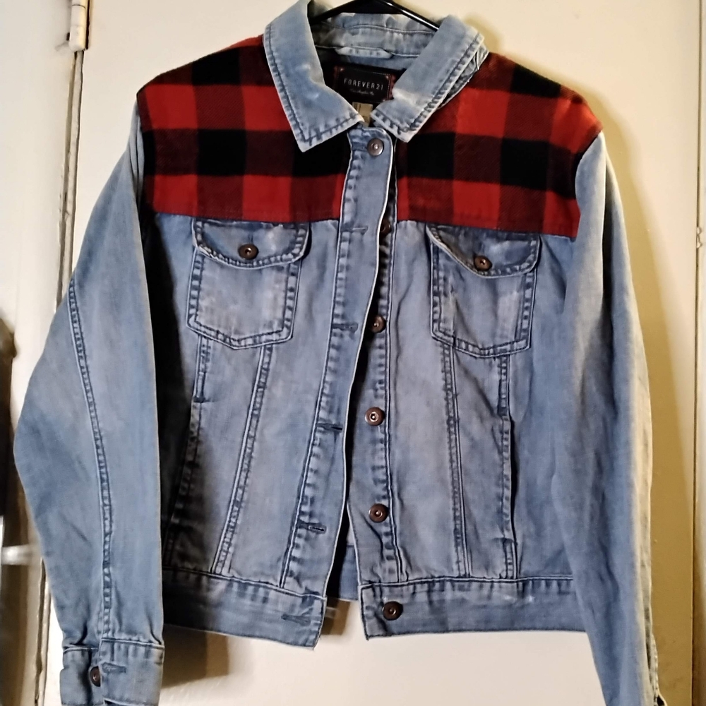 Distressed Denim Plaid Jacket Size Large